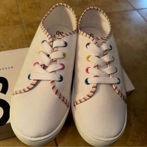 Awesome Girl’s SO white canvas sneaker with rainbow stitching and grommets NWT